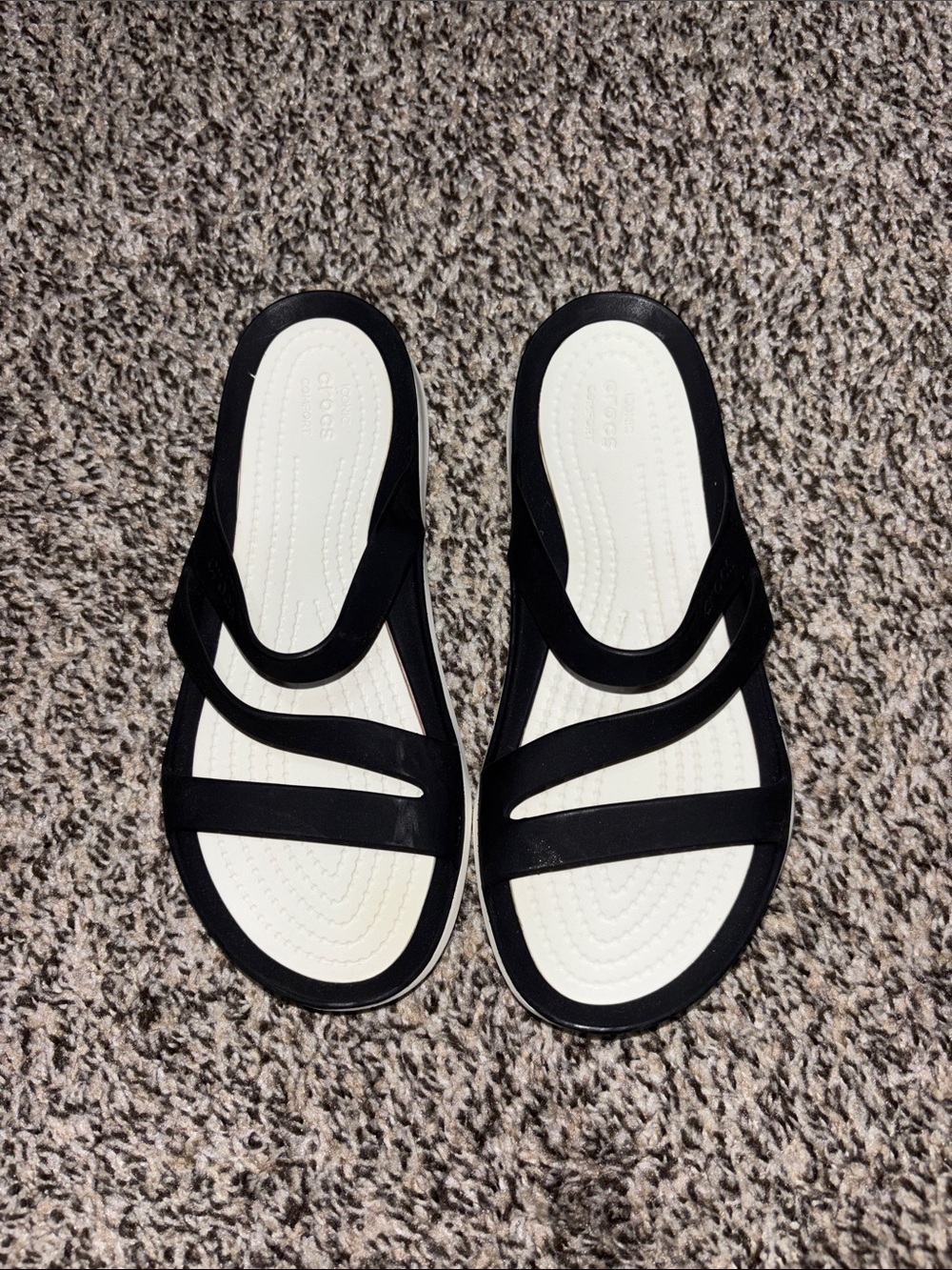 CROCS Women's Black and White Strappy Slide Sandals